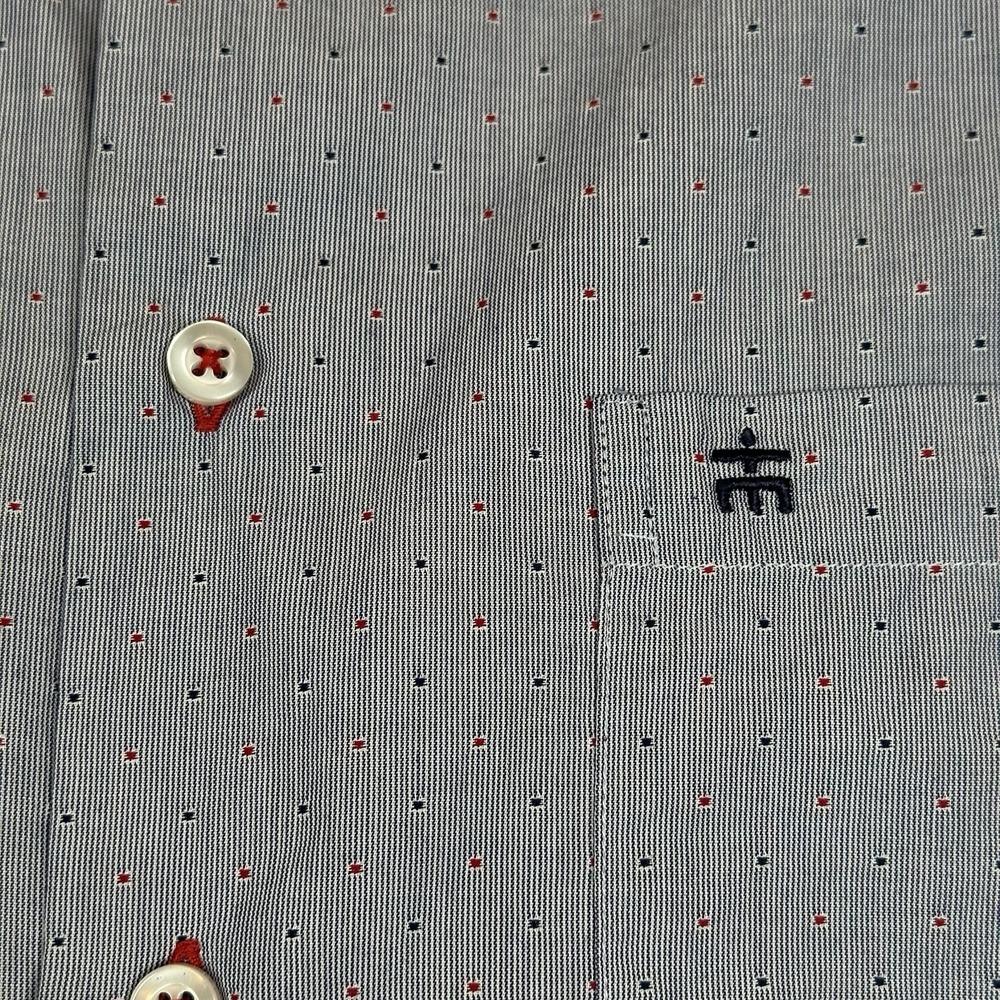 Triple Marfel Button Up Shirt Mens 41/L Gray Stitched Polka Dots Red Blue Cotton - Picture 4 of 13